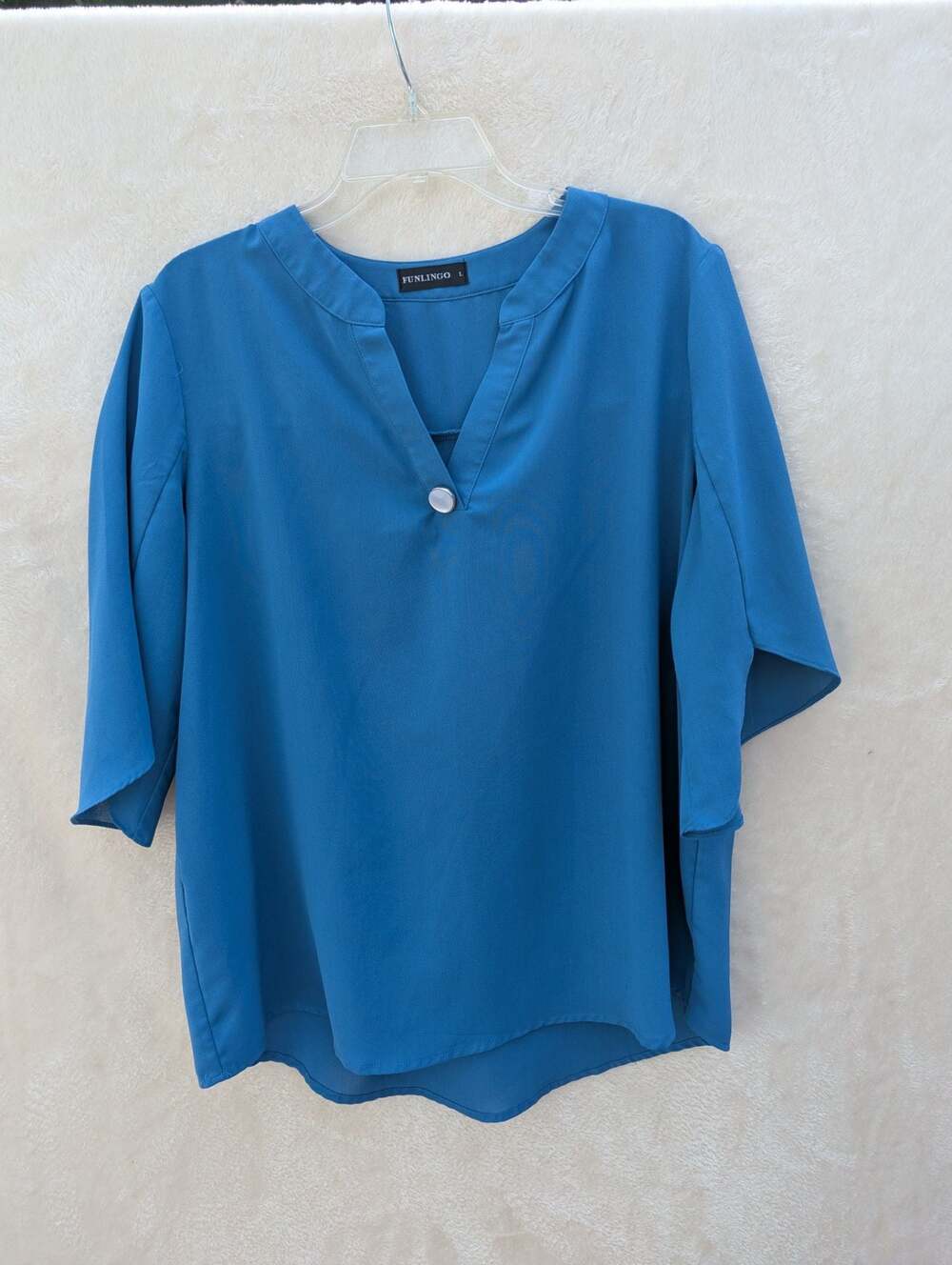FUNLINGO Women's Chiffon V-Neck Blouse with Bell Sleeves in Teal Blue
